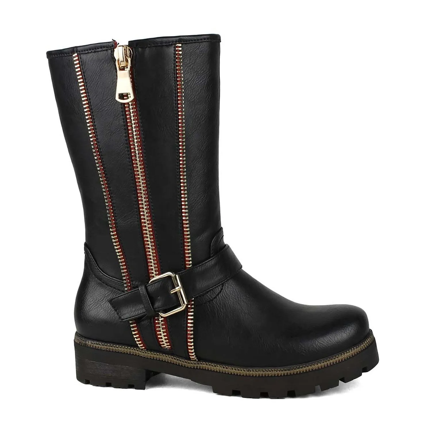 Black Gold zipper & Buckle embelished Women's Zip-up Mid-calf Riding Boot