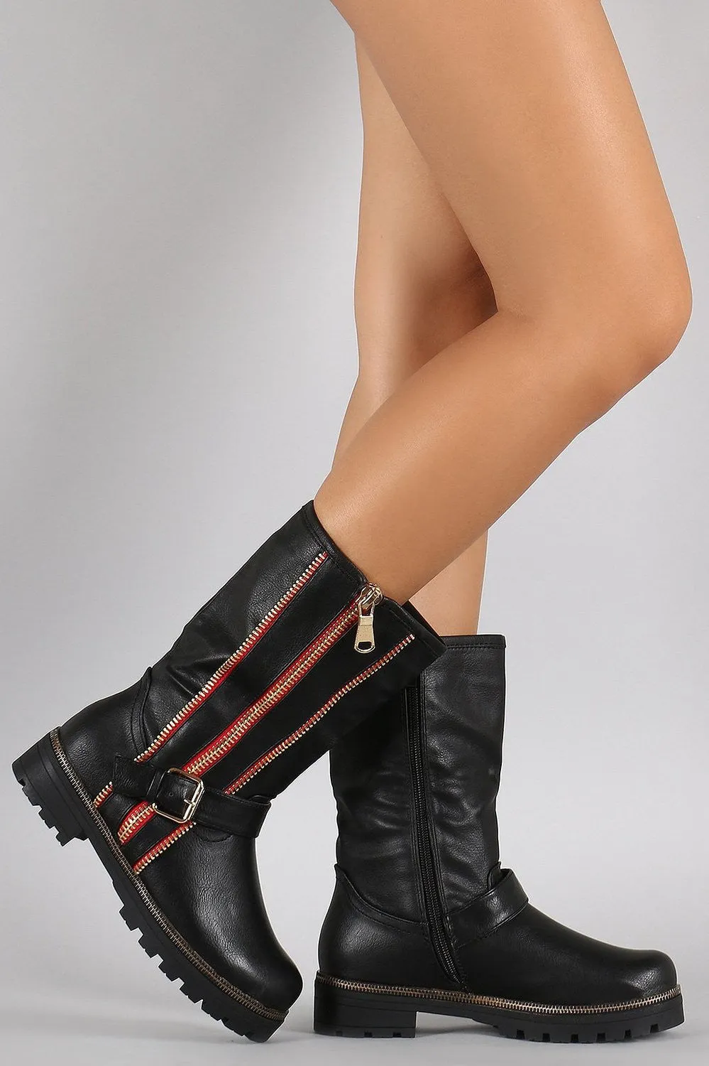 Black Gold zipper & Buckle embelished Women's Zip-up Mid-calf Riding Boot