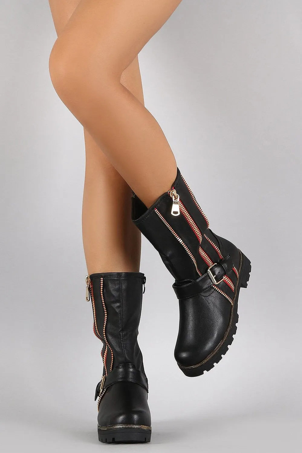 Black Gold zipper & Buckle embelished Women's Zip-up Mid-calf Riding Boot