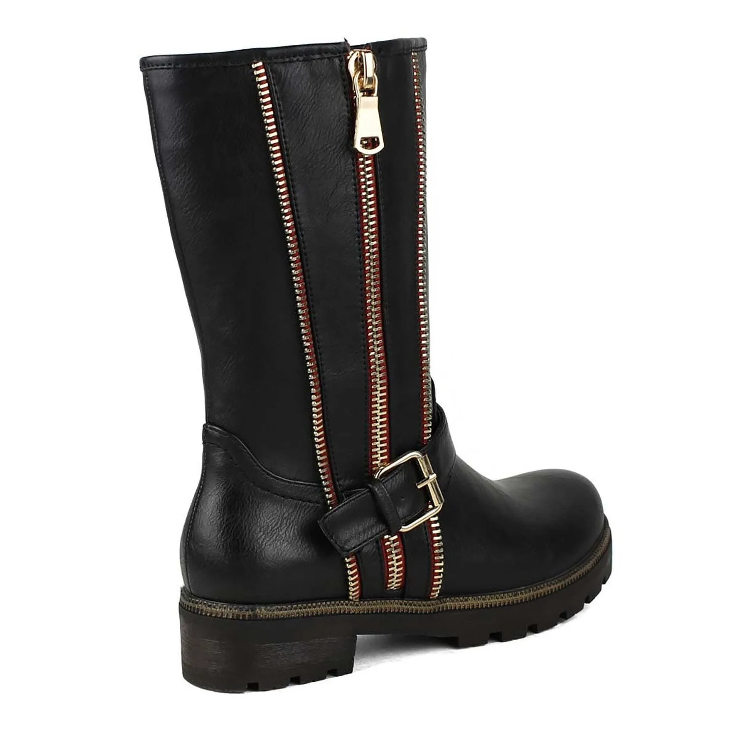 Black Gold zipper & Buckle embelished Women's Zip-up Mid-calf Riding Boot