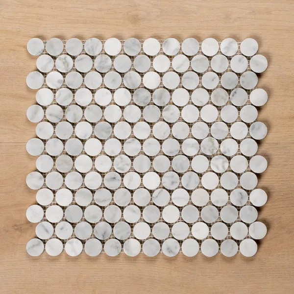 Cottesloe Carrara White Penny Round Honed Marble Mosaic Tile 23x23mm