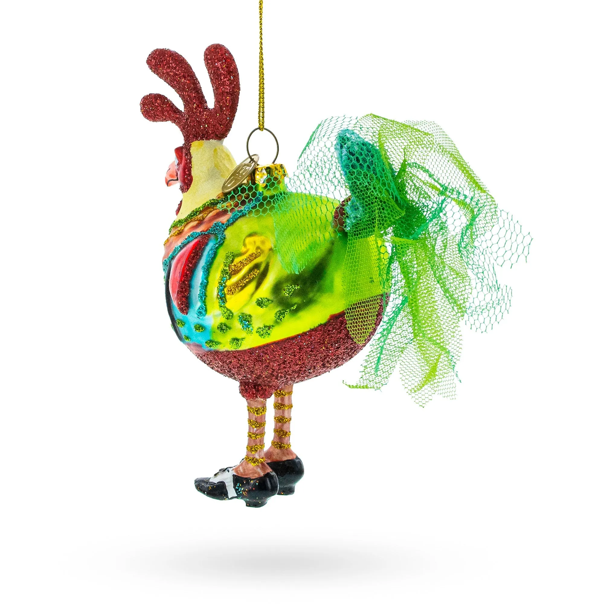 Farmyard Fashionista: Hen In Dress And Shoes - Blown Glass Christmas Ornament