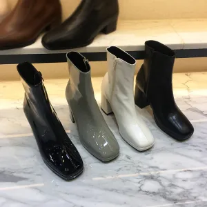 LUXE SEVEN DESIGN PATENT HEELED ANKLE BOOTS