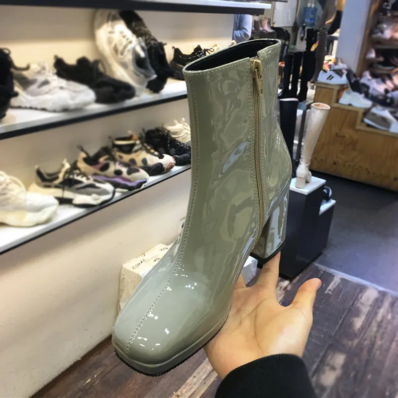 LUXE SEVEN DESIGN PATENT HEELED ANKLE BOOTS