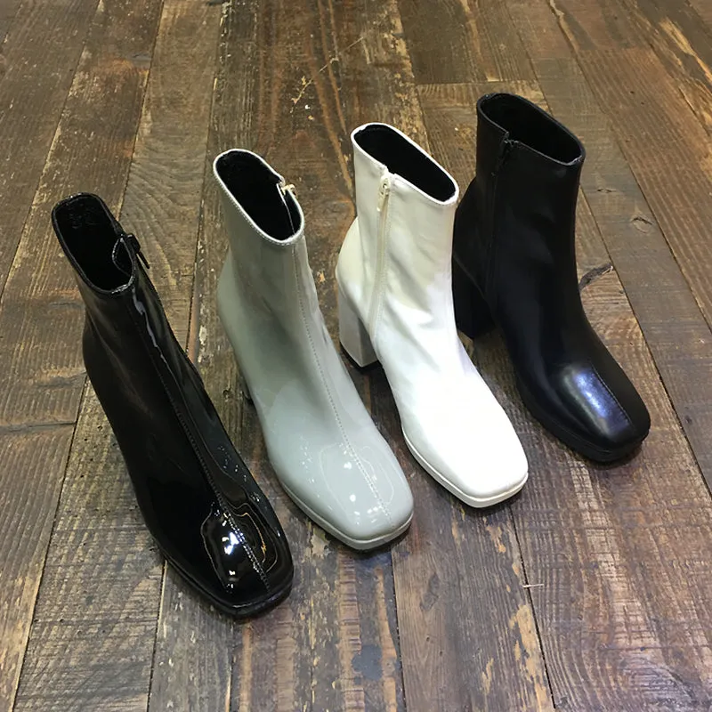 LUXE SEVEN DESIGN PATENT HEELED ANKLE BOOTS