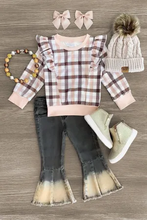 Peach Plaid Flare Denim Set