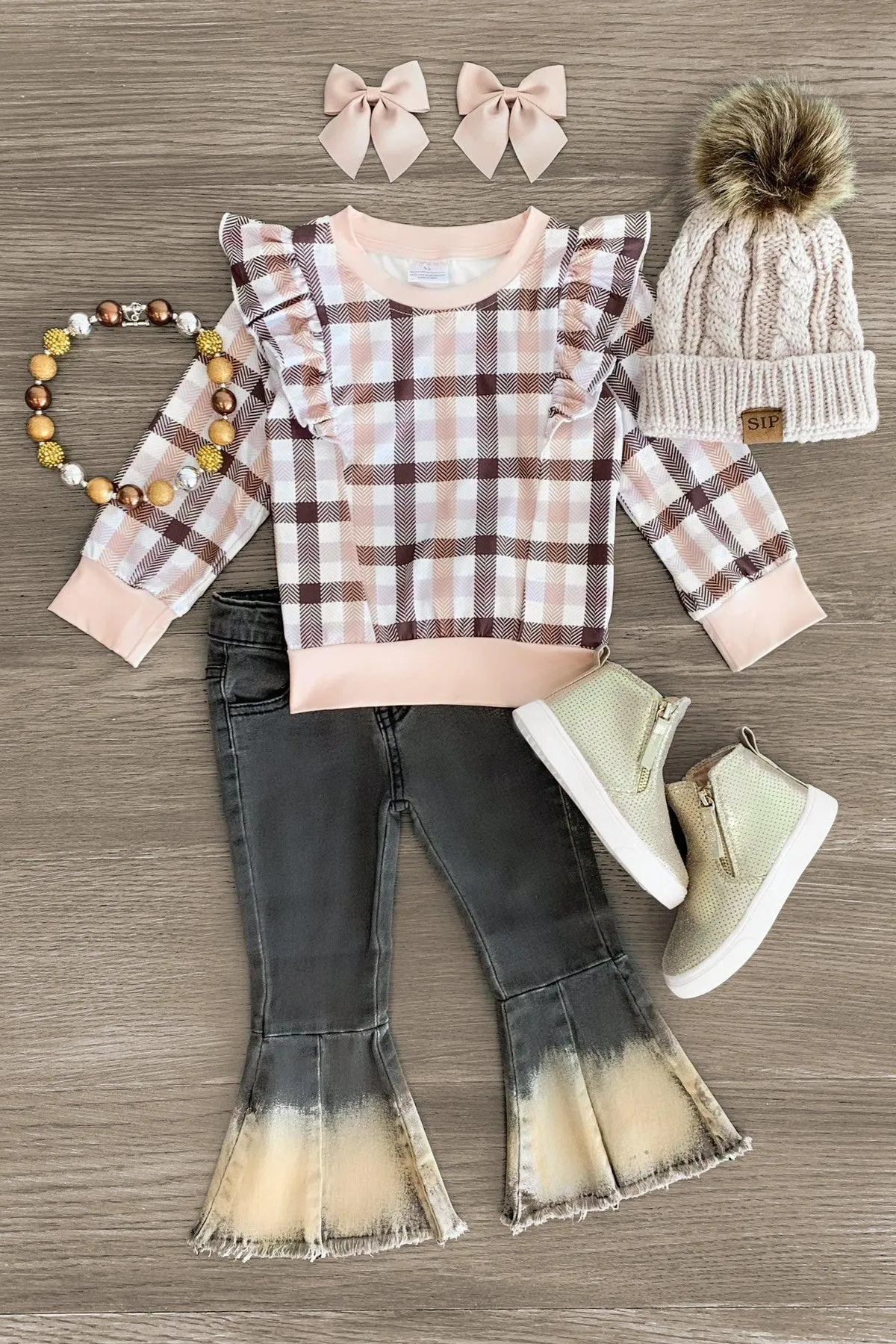 Peach Plaid Flare Denim Set
