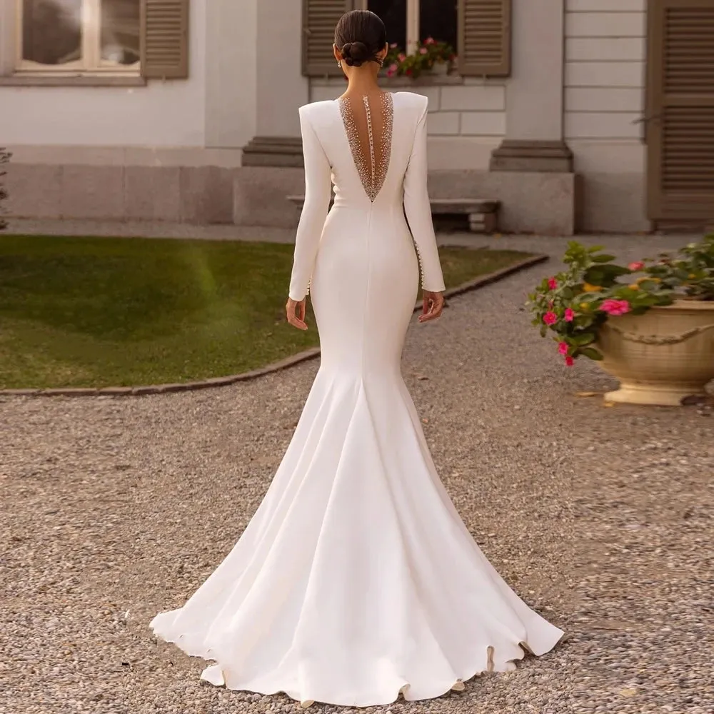 Satin Deep V-Neck Backless Floor Length Wedding Dress