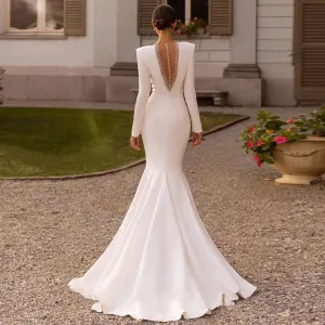 Satin Deep V-Neck Backless Floor Length Wedding Dress