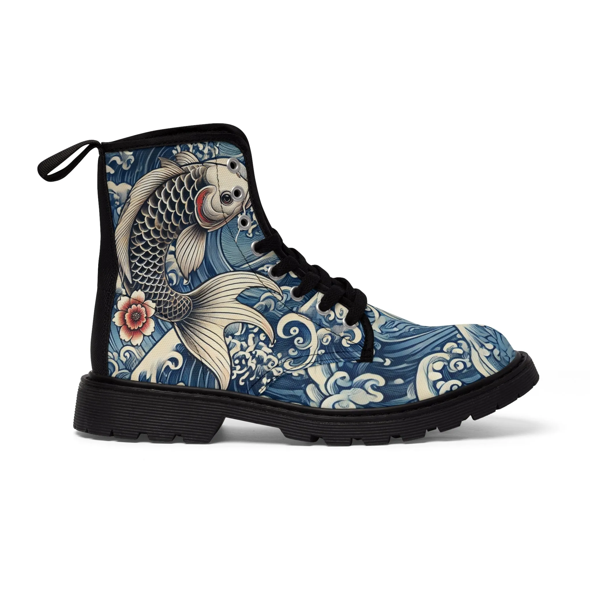 Tokyo Trend Traditional Japanese Koi & Waves Pattern Women's Canvas Boots