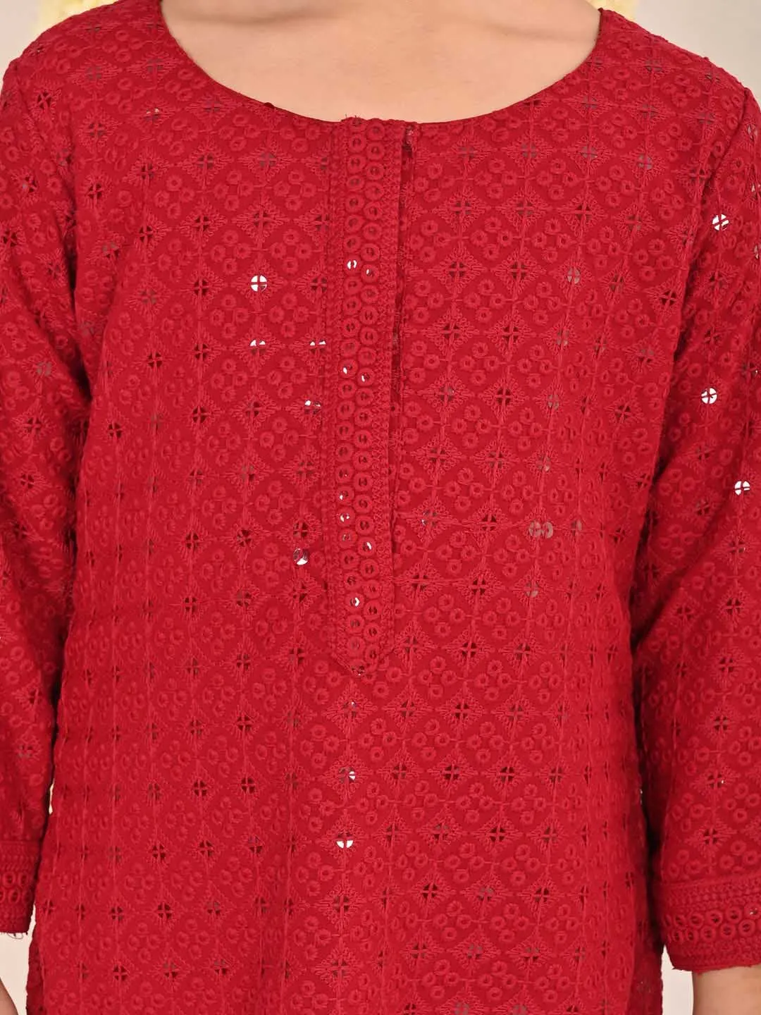 VASTRAMAY Girls' Maroon Embellished Kurta Pyjama Set