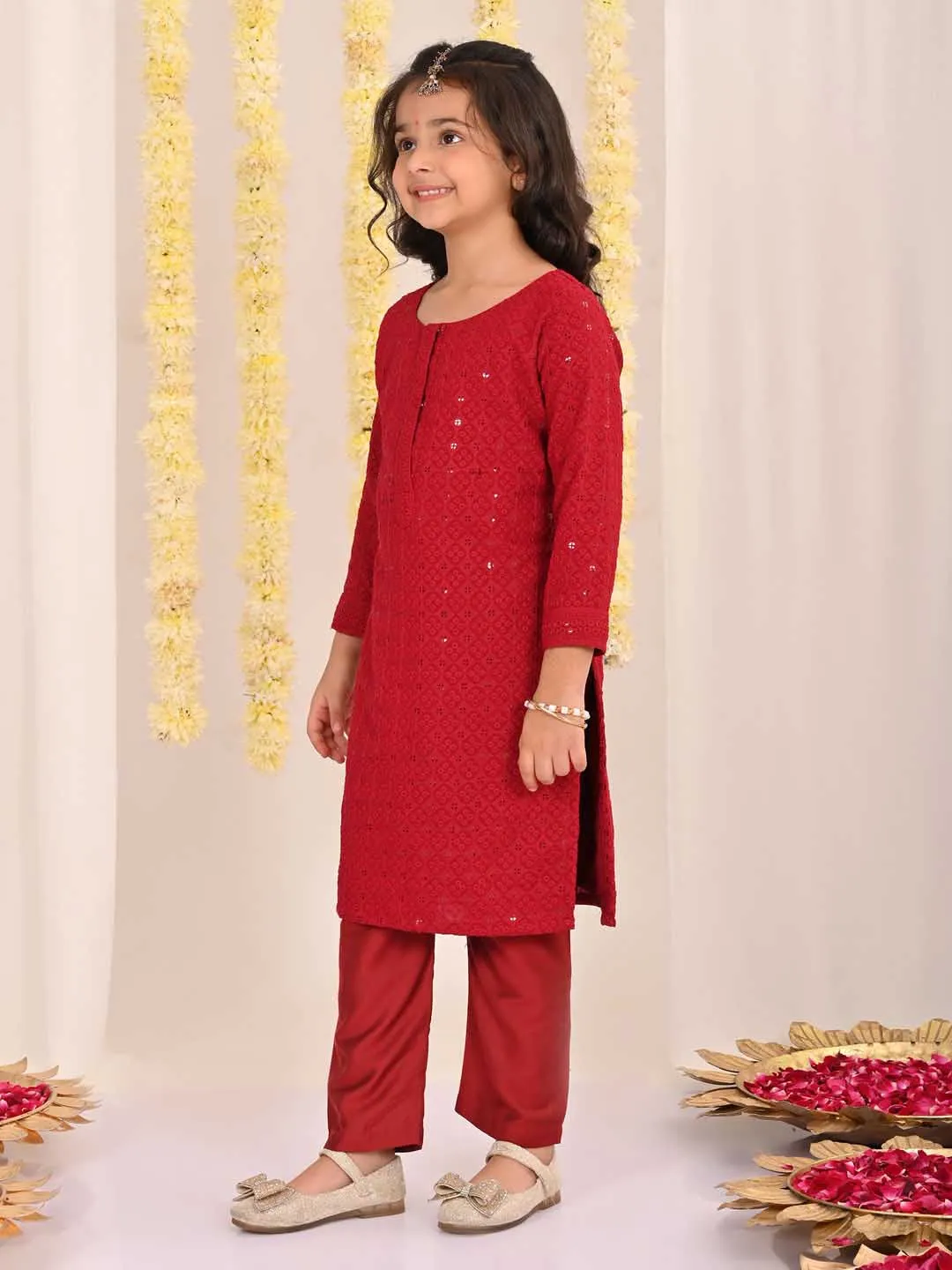 VASTRAMAY Girls' Maroon Embellished Kurta Pyjama Set