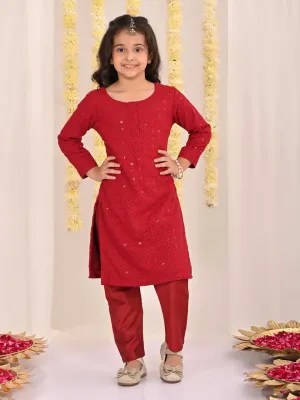 VASTRAMAY Girls' Maroon Embellished Kurta Pyjama Set