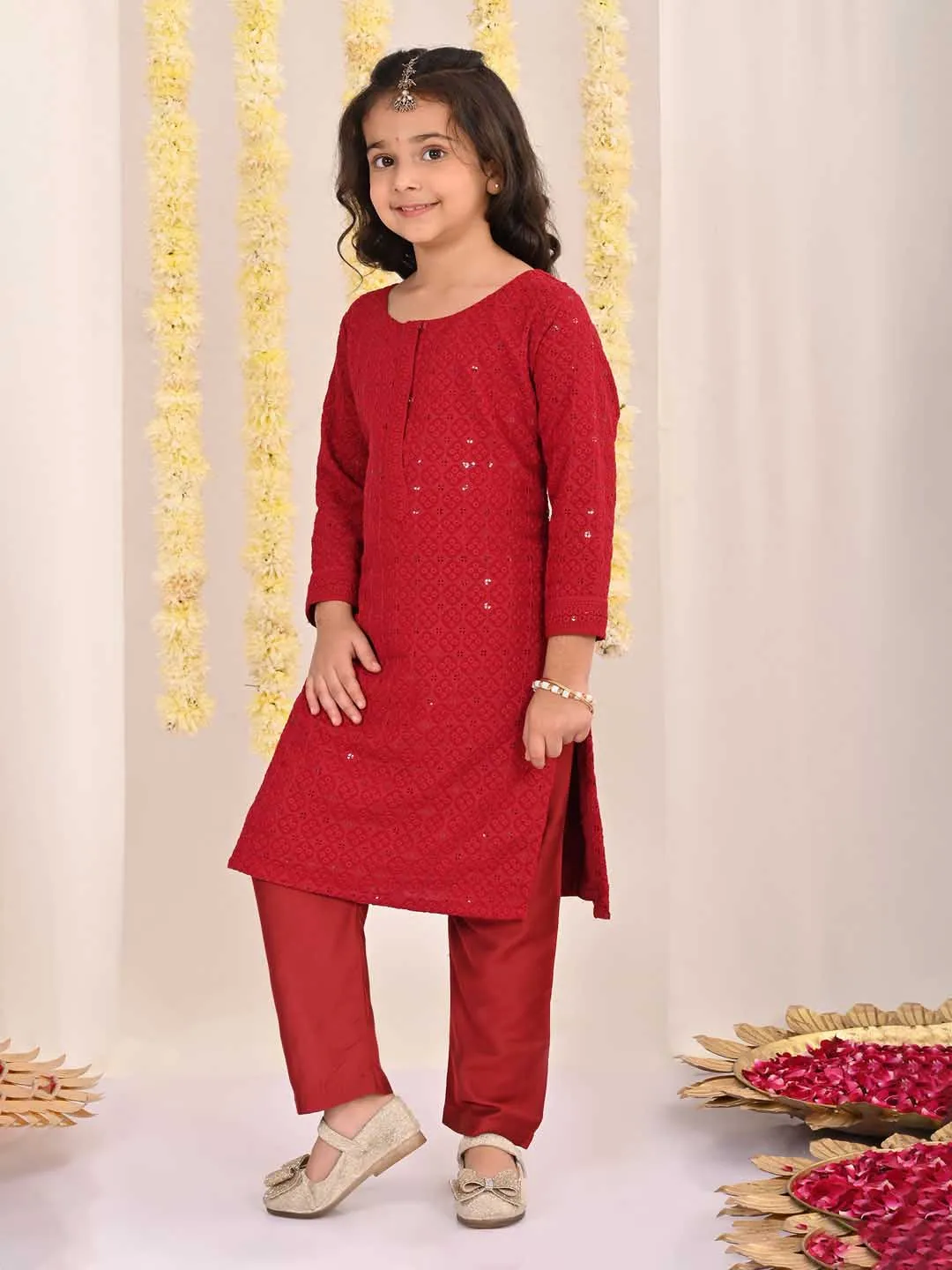VASTRAMAY Girls' Maroon Embellished Kurta Pyjama Set