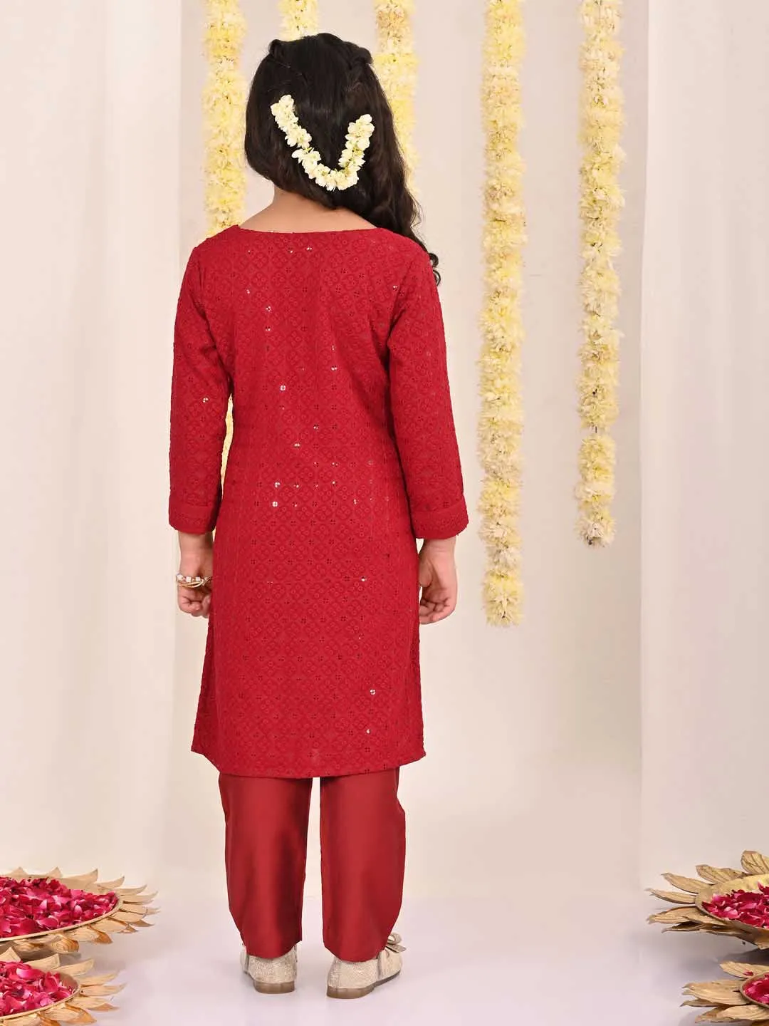 VASTRAMAY Girls' Maroon Embellished Kurta Pyjama Set