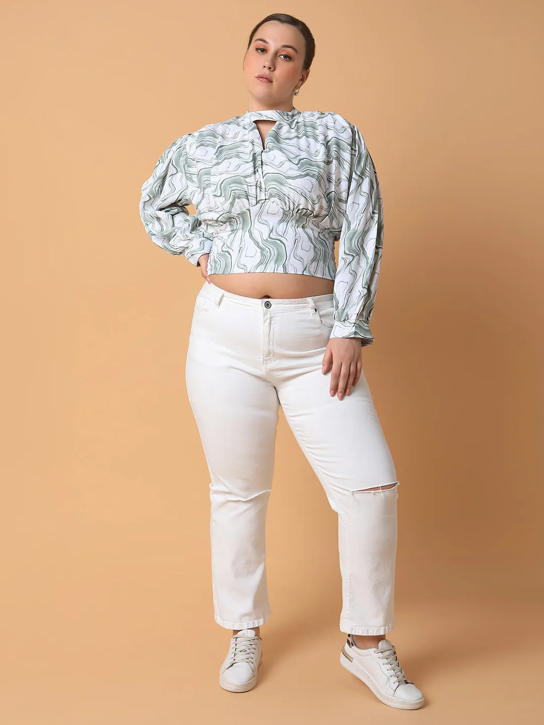 Women Abstract Sea Green Smocking Top